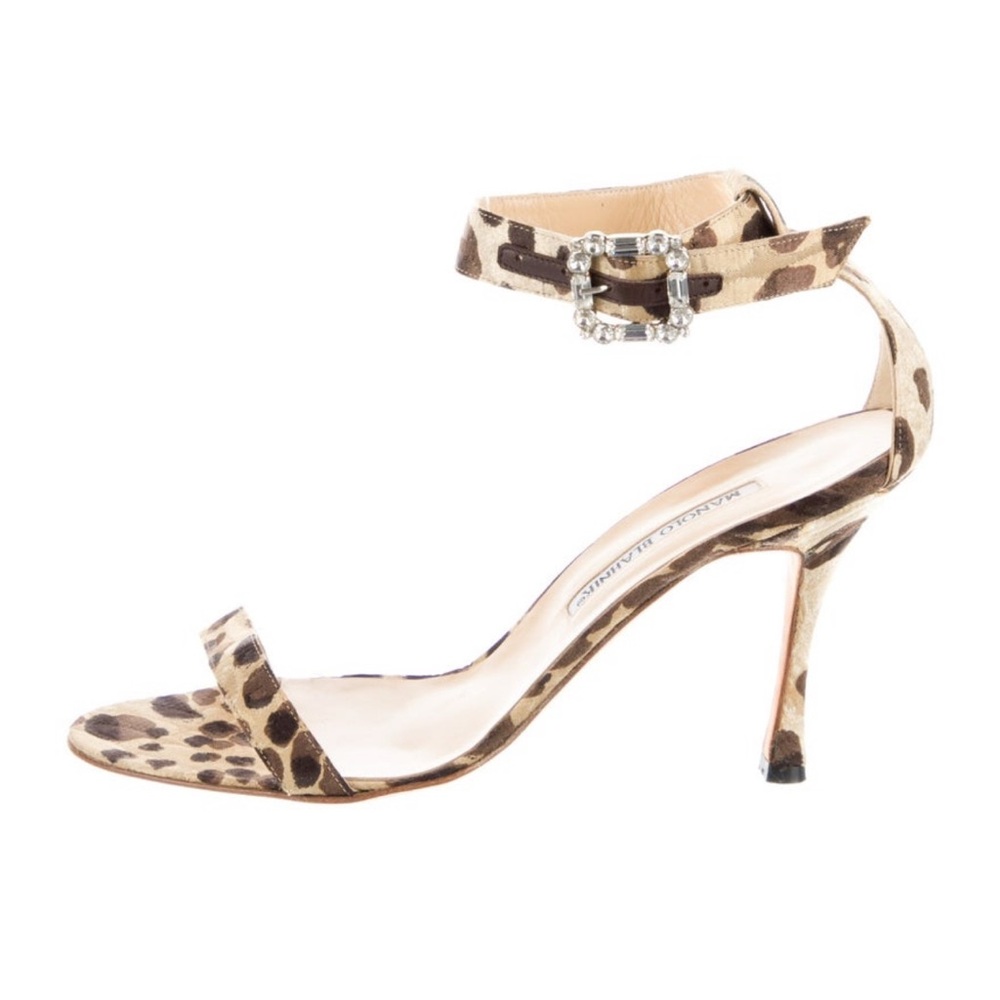 Manolo Blahnik Leopard Print Heels with Rhinestone Buckle 40